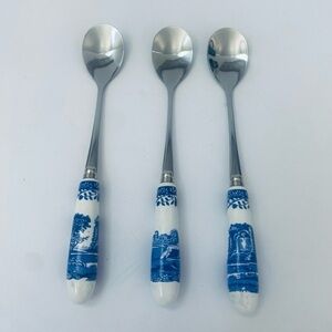 Spode Blue And White Italian Design Teaspoons Porcelain Handles Set of 3